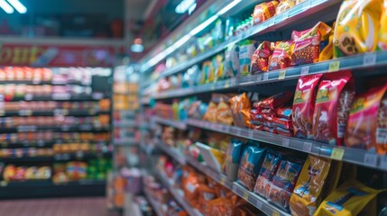 Obraz premium Colorful snack aisle in supermarket
