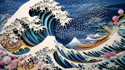 Obraz premium The Great Wave off Kanagawa multi dimensional layered in paper work,generated with AI. High quality photo