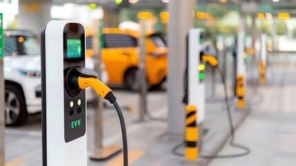 Advanced electric car charging at a high-capacity facility with digital displays at each point, Automobile, EV, Power Facility and Point concept