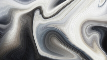 Abstract marbled paint texture pattern in white, black, and gray waves and swirls; metallic fluid or liquid flowing in an abstract pattern; silver background; chrome background