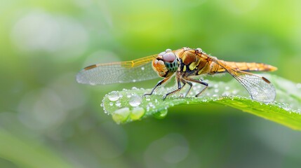 Calm dragonfly resting on a dewy leaf in the morning light, Animal, Calm and Pure concept