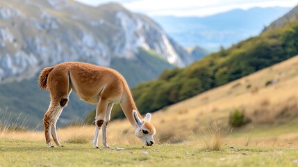 Naklejka premium Relaxed alpaca grazing in a calm mountain valley, Animal, Calm and Pure concept