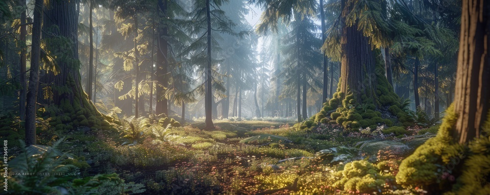 Poster enjoy a breathtaking view of a magical forest with tall trees and early light seeping through the br