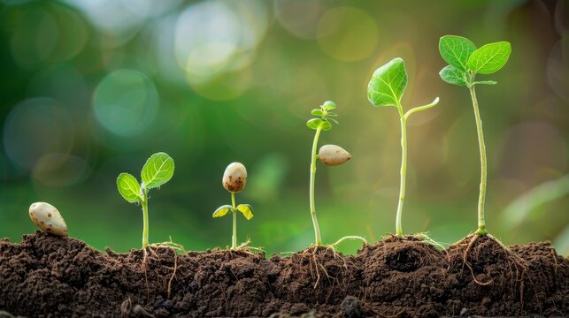 An informative graphic detailing the process of germination from seed activation to the emergence of the first leaves..