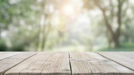 A wooden table with a view of trees and a bright sun