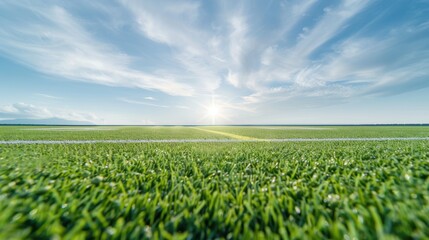 A field of green grass with a bright sun shining on it