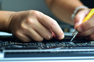 computer technician laptop motherboard repair technician A technician is using a screwdriver to take apart a motherboard for repair on his workbench.