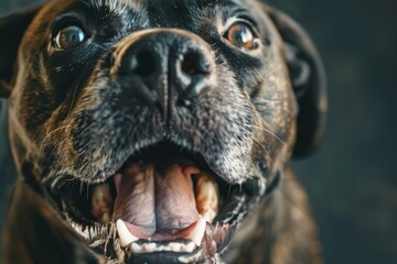 Closeup of a cheerful dog with focus on its expressive eyes and smile