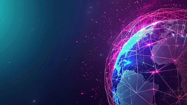 Global network concept. World map point. Global network planet Earth. Low poly wireframe, lines and dots glowing design. A purple space background with polygonal or plexus-shaped abstract objects.