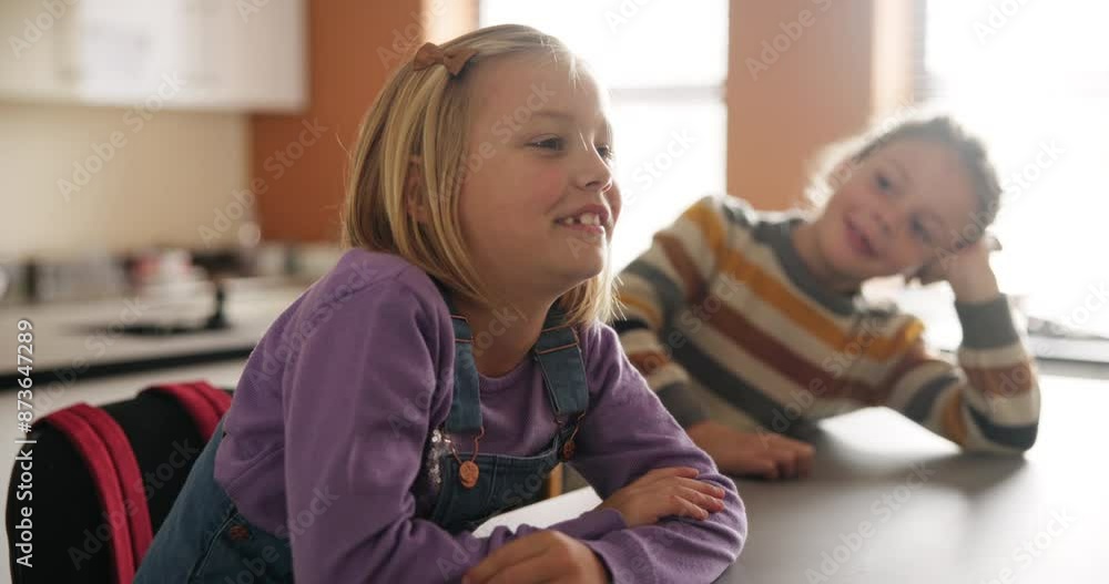 Poster Girl, kids and students laughing in classroom playing for fun, care and learning in junior grade education. Learners, primary school and support with smile, joy and happiness and child development