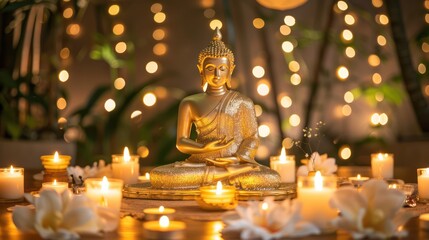 A serene golden Buddha statue surrounded by candles and flowers. 