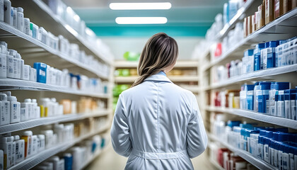 doctor in a white lab coat, examining a shelf of medicine bottles in a well-lit pharmacy