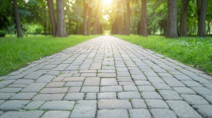 A brick walkway with trees in the background