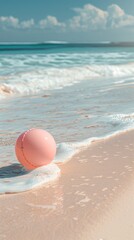 Obraz premium Serene tropical beach with pink beach ball and gentle waves, summer vibes with large area for text