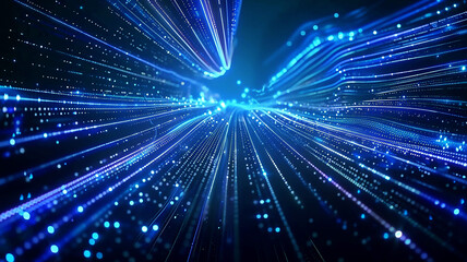 Naklejka premium Abstract glow neon data technology lines and particles in blue. A space of lines go forward, cyberspace in depth of field.