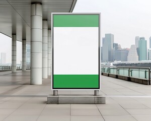 Blank billboard in an urban setting with a modern cityscape in the background. Ideal for advertisement mock-ups.