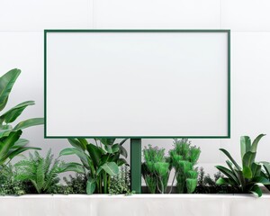 Blank billboard surrounded by lush green plants, perfect for advertising and promotion in natural outdoor settings.