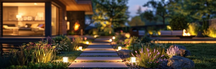 Evening View of a Well-Lit Suburban Home With a Stone Pathway