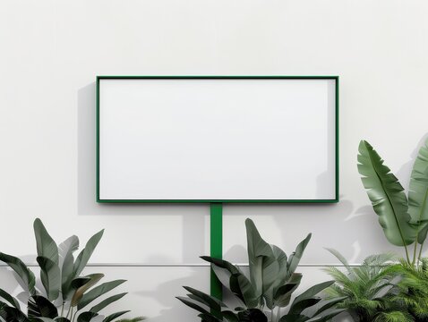 Blank billboard surrounded by green plants against a white wall, ready for custom advertisement or message. Minimalist outdoor setting.
