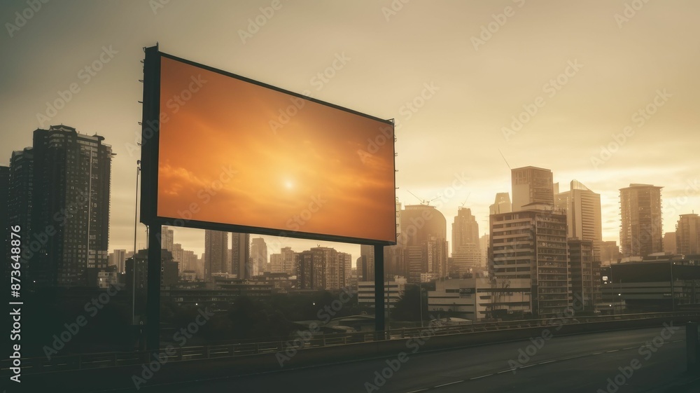 Aufkleber empty billboard with a red background at sunset. red billboard mockup surrounded with urban cityscap