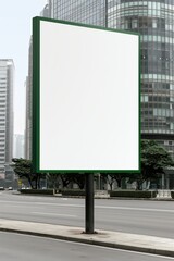 Fototapeta premium Empty billboard on a city street with modern buildings in the background, perfect for advertising or promotional content.