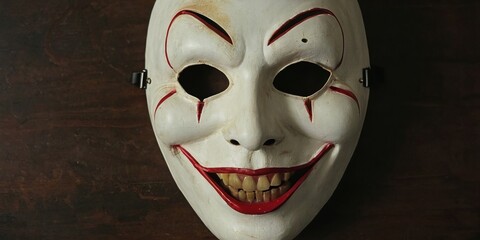 A white clown mask with red smile and black eye holes lies on a wooden table