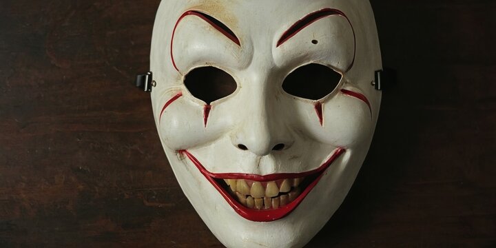 A white clown mask with red smile and black eye holes lies on a wooden table