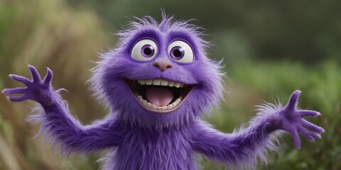 A purple furry creature with large eyes smiles broadly, arms outstretched, with a green, out-of-focus background