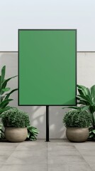 A blank green billboard stands in an outdoor setting flanked by green plants and potted bushes, perfect for promotional content