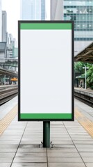 Blank advertisement billboard at train station platform with urban cityscape in background. Ideal for promotional or marketing use.