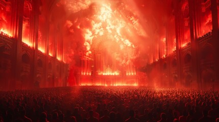 Fototapeta premium A crowded concert hall with scene stage in red lights, rock show performance, with people silhouette, colourful confetti explosion fired on dance floor during a concert festival.