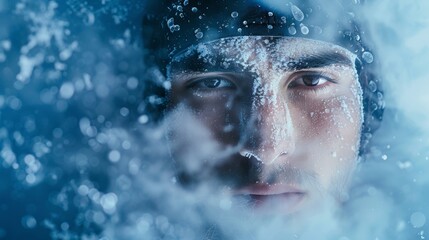Fototapeta premium Closeup of an athletes face as they wince in discomfort while undergoing cryotherapy but also wearing a determined expression knowing it will benefit their performance.