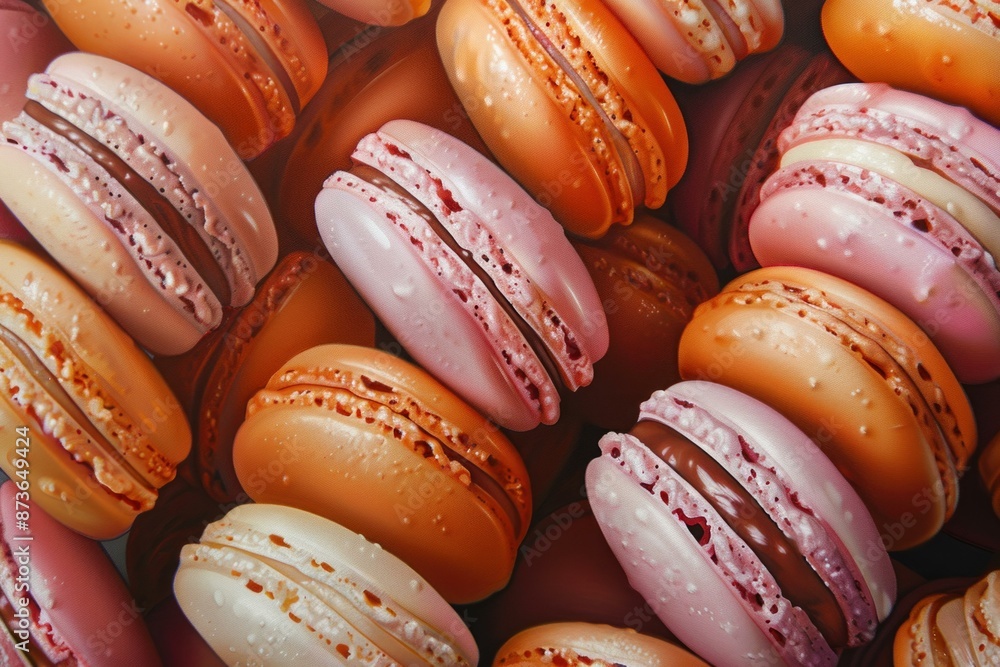 Poster Image showcasing a variety of detailed macarons in pink and orange hues