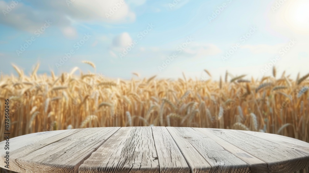 Poster a wooden table with a view of a field of wheat