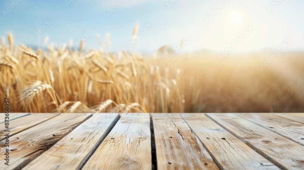 Poster a wooden table with a view of a field of wheat