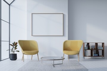 white living room with modern armchair and blank poster frame