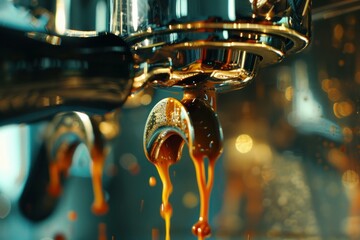 Closeup of a rich espresso shot being extracted from a highend coffee machine