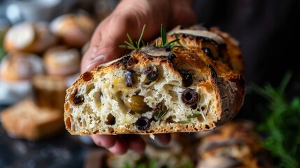 A hand holding a slice of freshly baked olive and herb bread with chunks of olives and fragrant herbs peeking through the crust.