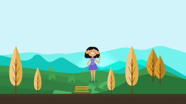 2d animated cartoon cute girl stands and waving hands animation on park yard nature background beauty woman greeting and welcoming used for teaching on school or lesson to study