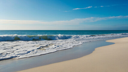 Tranquil Waves Caressing the Pristine Sandy Shore Under a Vast Blue Sky