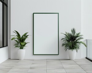 Minimalistic interior with blank vertical frame and potted plants. Ideal for artwork mockup or design presentation in modern setting.