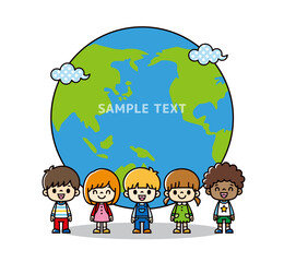 宙に浮いている地球の前で微笑むさまざまな人種のかわいい子供たちのイラスト、コピースペースのある地球のベクター画像。