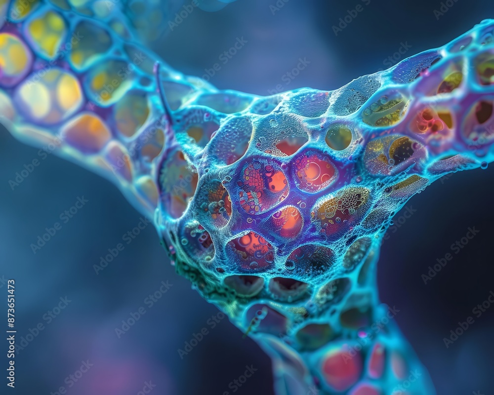 Fototapete generate an image of a detailed 3d rendering of a colorful organic structure, resembling both a cora
