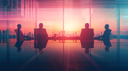 silhouette of people in a meeting close up, vibrant colors, Double exposure silhouette with leadership team