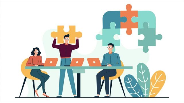 teamwork problem solving discussion with puzzle illustration business animated video