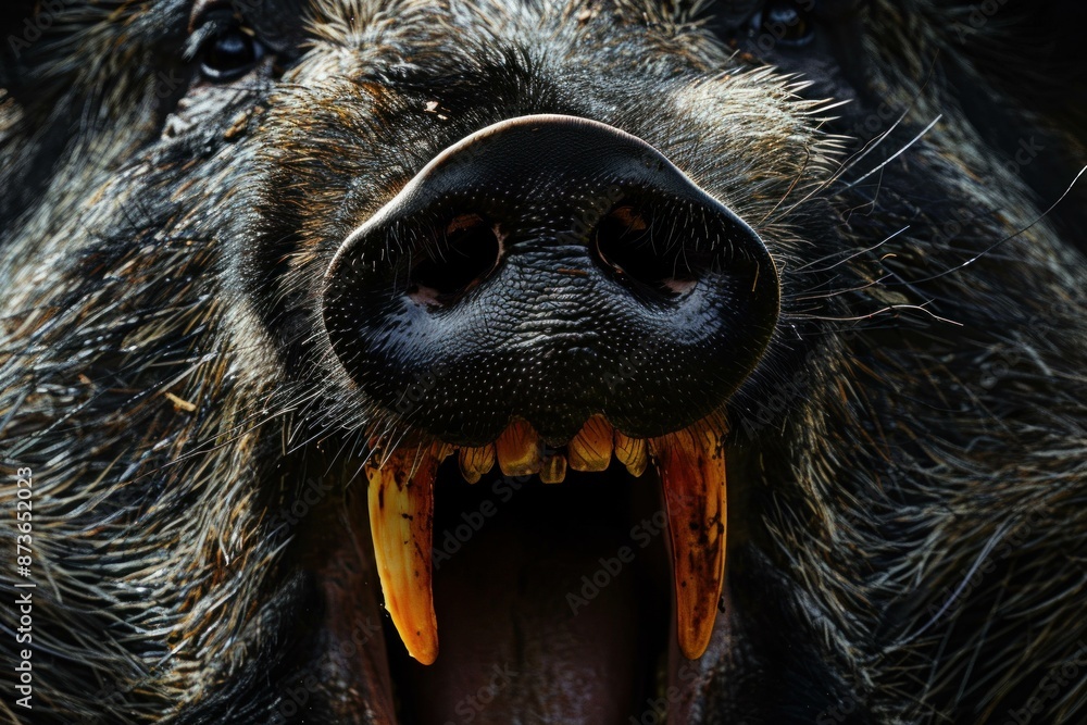 Poster detailed image capturing the fierce expression of a wild boar, showing its snout and sharp tusks