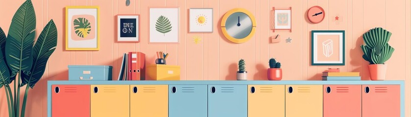 a decorated locker with photos, mirrors, and stationery