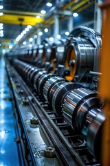 Fototapeta premium Close-up of a high-tech industrial manufacturing line featuring precision machinery in a modern factory environment.