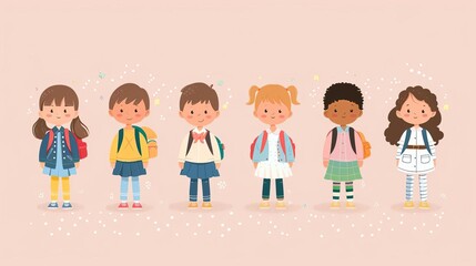 Kids in diverse school uniforms in a cute flat design, minimalist nursery art, pastel colors, vector illustration, high resolution, 8k