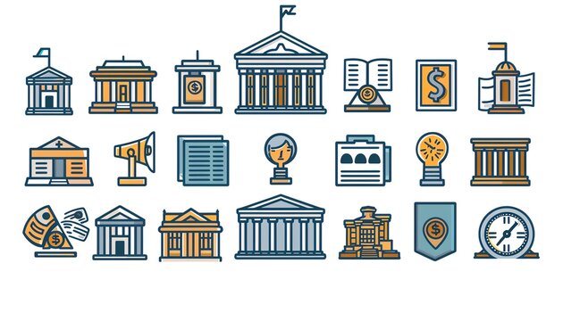 Vector illustration of government icons, simple line design, governance theme, versatile usage